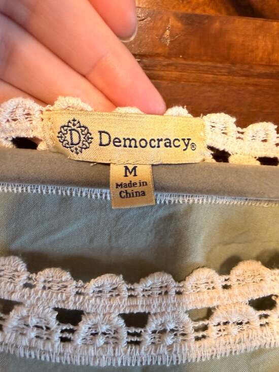 Democracy Sage Green Embroidered Crochet Lace Boho Blouse with Shoulder Slits - Picture 3 of 5